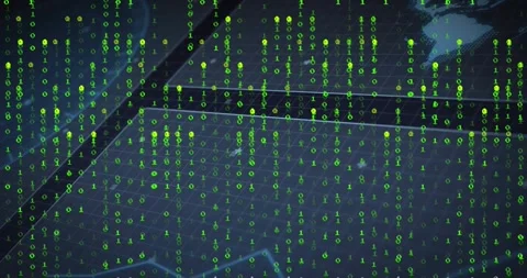 Opening green binary digits drifting then covering rotating grid map silhouette Stock Footage 318143495