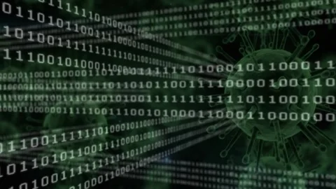 Opening green binary streams, showing virus icons, sliding into fade, Stock Footage 319573923