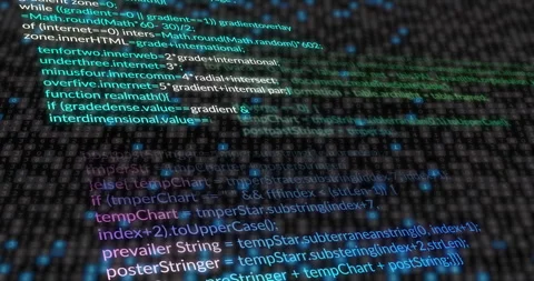 Opening green code statement appearing on 3D pixel grid scrolling syntax Video stock 310864154