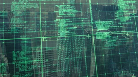 Opening green grid and sliding code over blurred skyline with plus cursors Видео 314408950