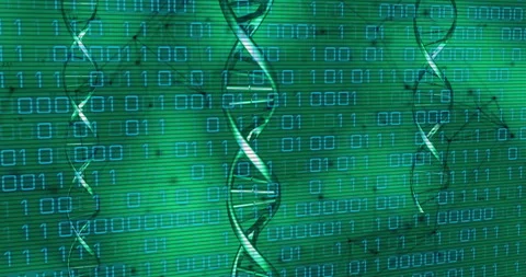 Opening green interface showing three DNA helices rotating and binary scrolling Stock Footage 310661774