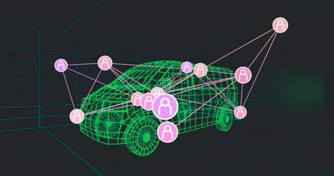 Opening on green wireframe car while pink icons appearing, purple node pulsing, Video stock 329424861