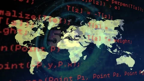 Opening grid backdrop showing world map with red code scrolling and HUD rings Stock Footage 313639367