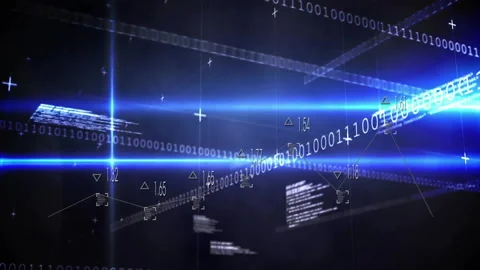 On opening grid binary streams drifting, blue beam sweeping, panels fading Stock Footage 311663716
