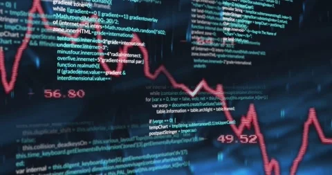 Opening grid initiating red jagged line graph fluctuating visualizing live data Stock Footage 317659910