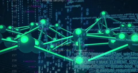 Opening grid plane revealing glowing network rotating with security terms fading Stock Footage 311915933