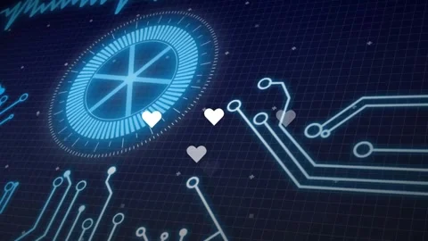 Opening grid revealing disc waveform, heart icons drifting upward and pulsing to Stock Footage 317608082