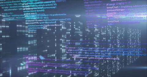 Opening grid showing data columns, scrolling code text and pulsing neon arrow Stock Footage 319783227