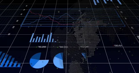 Opening grid starting pie charts emerging, bars shifting, graphs tracing trends Video stock 325964999