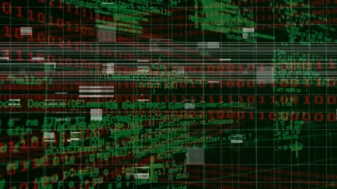Opening grid starting sliding lines scrolling code and glitch blocks visualizing Stock Footage 311679383