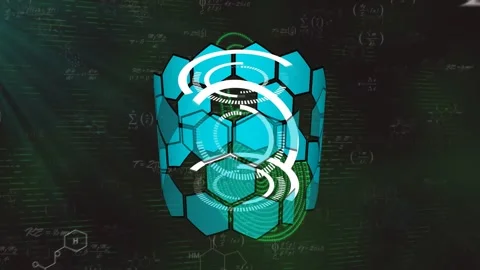 Opening grid, turquoise hexagon cylinder spinning rings and pulsing sphere Stock Footage 317799634