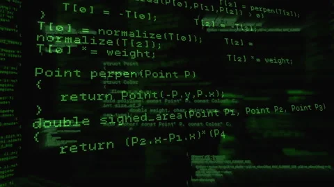 Opening hacker-style terminal showing green code then revealing vector functions Stock Footage 312905619