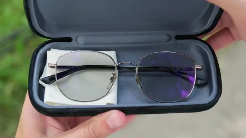 Opening hard shell case with a pair eyeglasses inside. Close up of hands op.. Stock-Footage 339527643
