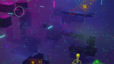 Opening haze revealing node web pulsing with neon gaming icons in cyberspace, Stock Footage 311475244