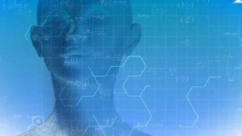 Opening hex grid revealing wire-mesh head emerging with formulas animating, Stock Footage 328358302