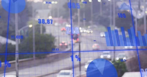 Opening highway initiating grid with animating bar line pie charts illustrating Stock Footage 329427984