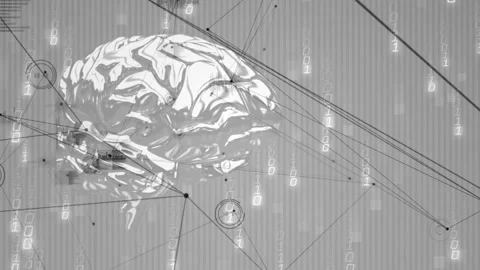 Opening holographic brain scanning hemispheres, rotating and cascading data Stock Footage 320287763