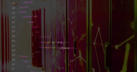 Opening HTML code scrolling security topics server racks glowing network pulsing Stock Footage 317119169