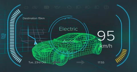 Opening HUD showing green wireframe sedan rising to 121 km or h, switching drive Video stock 314790774