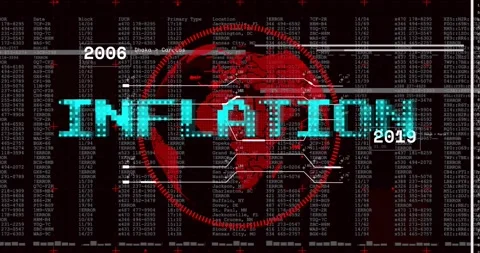 On opening INFLATION title pulsing, globe rotating, year labels sliding to show Video stock 330194857