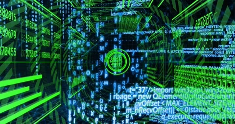 Opening inside neon grid tunnel, central circle updating digits, code streams Stock Footage 318115482