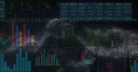 Opening interface showing binary digits animating over teal tables and pulsing Stock Footage 317486892