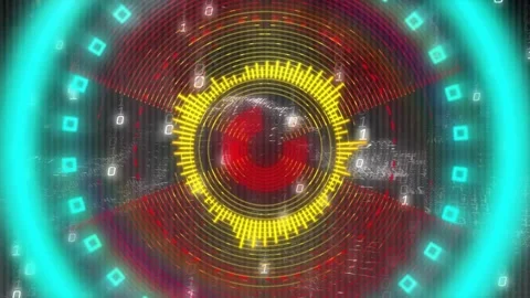 Opening interface showing binary digits and rings rotating, pulsing and Stock Footage 320288137
