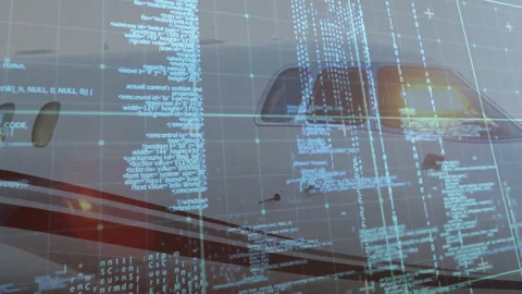 Opening jet fuselage translucent grid fading code flowing amber glow Stock Footage 313493176