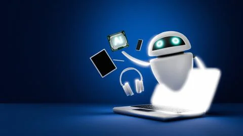 Opening laptop and flying robot with Ai processor, smartphone, tablet and h.. Stock Illustration