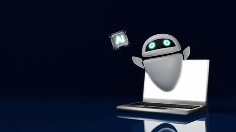 Opening laptop and flying robot with Ai processor on dark blue background. .. Stock Illustration