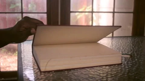 Opening a large red macropaedia for quiet book reading session in the sunroom Video stock 337435176