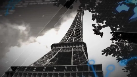 Opening low-angle grayscale view, Eiffel Tower gaining grid code map UI overlays Stock Footage 310663578