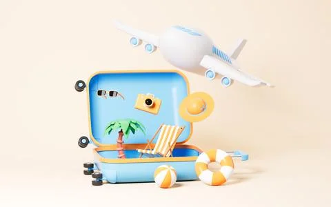 Opening luggage with camera, hat , beach chair,swim ring and so on, Summer .. Stock Illustration
