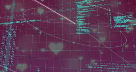 Opening magenta 3D grid showing floating heart lights with turquoise code Stock Footage 312240575