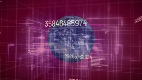 Opening magenta grid with floating codes sparking globe growing rotating earth Stock Footage 314660012