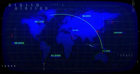 On opening map numeric labels fading in, animating arcs and code streaming Stock Footage 312915659