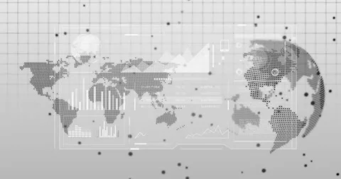 Opening with map overlaying grid, chart elements animating, globe rotating Stock Footage 317128608