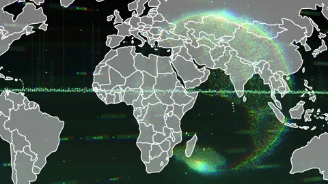 Opening map projection, borders and scrolling band showing neon points forming Stock Footage 315560102