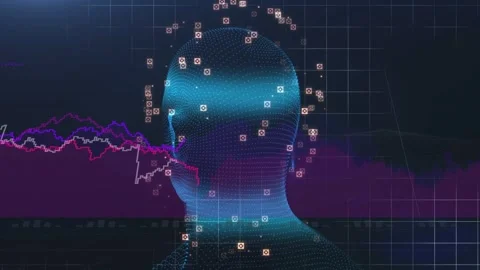 Opening mesh head rotating right then left returning front, nodes pulsing purple Stock Footage 334724993