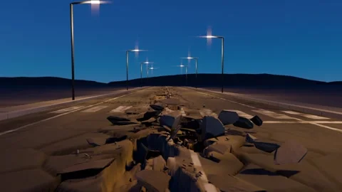 Opening narrow crack sending asphalt slabs buckling along road at dusk exposing Stock Footage 339721944
