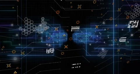 Opening with neon-blue clusters drifting into view and icon nodes emerging Stock Footage 316623533