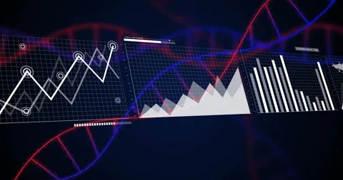 Opening neon DNA strands and sliding grid, revealing charts and settling panels Video stock 310150737