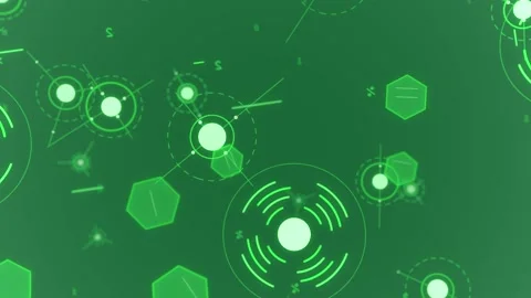 Opening on neon-green HUD node, rings pulsing and rotating, hexes drifting Video stock 329503429