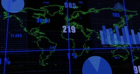 Opening neon-green map starting shifting bar chart and expanding pie segment Stock Footage 310864143