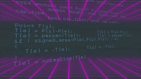 Opening neon grid as C++ panel scrolling upward, revealing API calls, geometry, Stock Footage 320127763