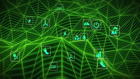 Opening neon wireframe grid forming mountains, cyan icons fading, migrating and Stock Footage 310140861