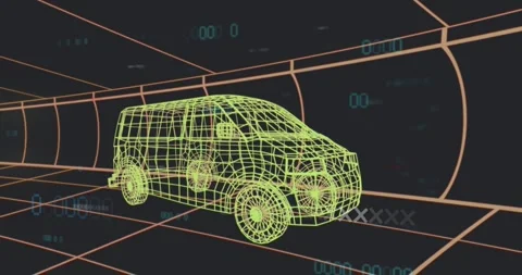 Opening neon wireframe van rotating and virtual camera orbiting grid tunnel Stock Footage 319783226
