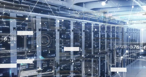 Opening network overlay fading server racks bars pulsing codes updating 库存影片 312829336