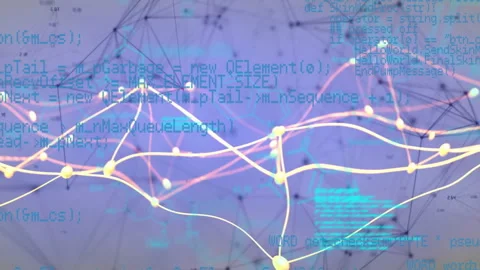Opening network on violet-blue gradient, nodes moving waveforms converging code Stock Footage 311584671