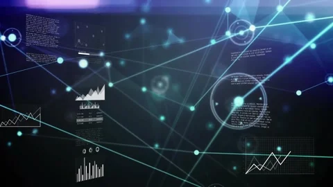 Opening nodes connecting, panels fading, bar chart growing, rings pulsing for Stock Footage 319682472